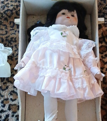 Doll in Box Wearing Pink Dress w/ Lace Trim and White Tights