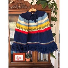 Handmade Vintage Knit Poncho Tasseled Fringe Boho Festival Wrap