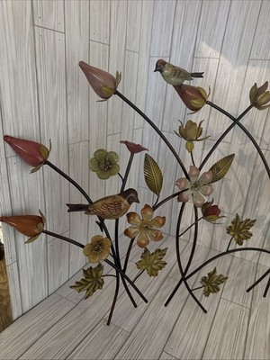 Vintage Chipping Sparrow MCM Winifred Cole Ceramic Brass Metal Flower Leaves