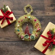 10 " Ragon House Vintage Inspired Ornament & Tinsel Wreath w/Sisal Trees