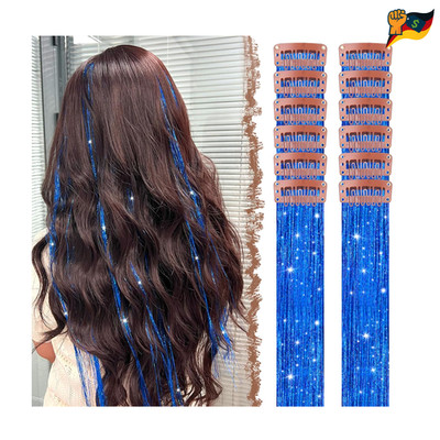 FESHFEN Glitzer Haarsträhnen 12 Stück Blau Clip-in Haartinsel