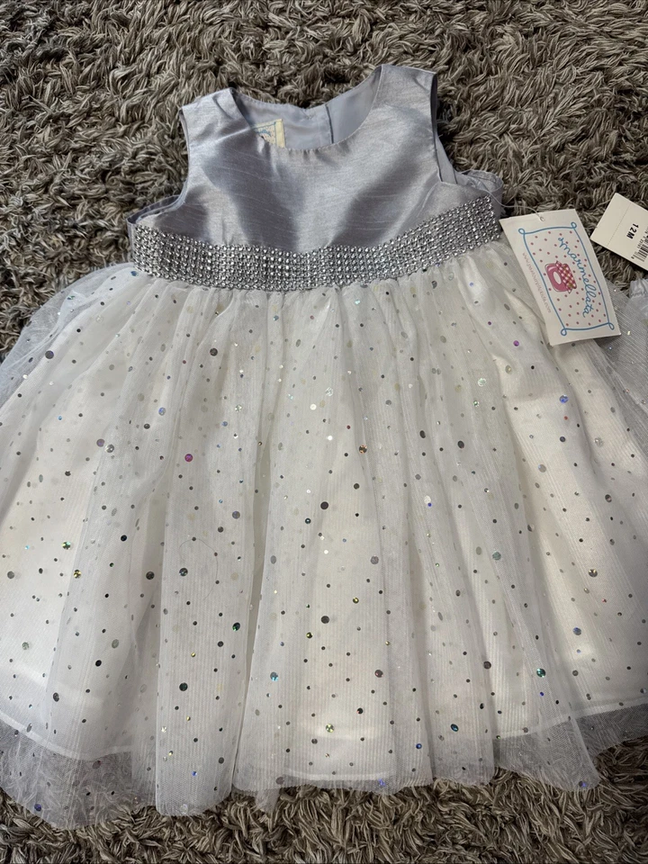 Marmellata Girls White Silver Formal Satin Tutu Dress Gown Sz 12 mo Wedding - Image 2 of 4