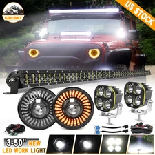 42" LED Light Bar+3" Pods+7" LED Headlights+Wires For 1987-1995 Jeep Wrangler YJ
