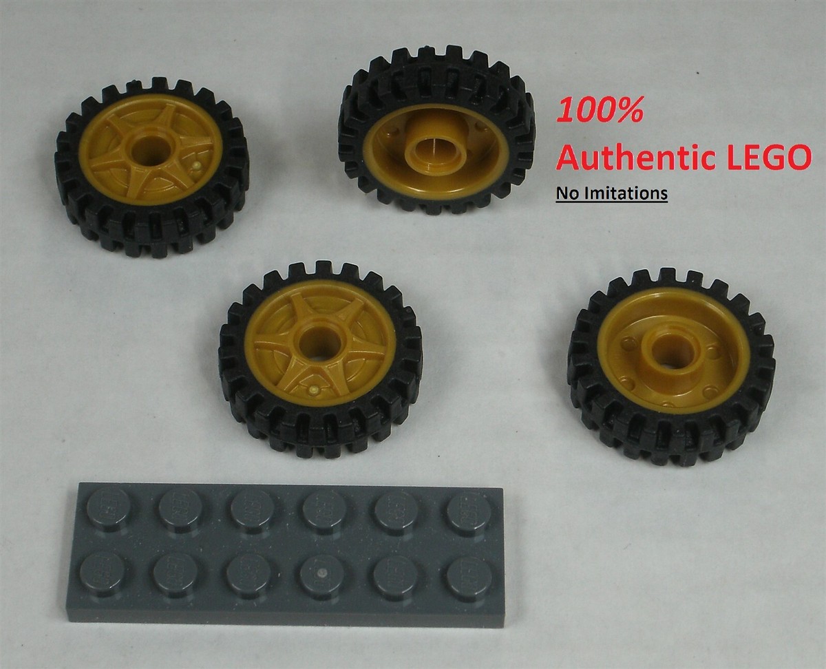 LEGO NEW 24x7 Pearl Gold Wheel Black Tire (4x) 6344199 Brick 74214