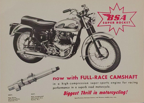 1962 BSA SUPER ROCKET FULL-RACE CAMSHAFT MOTORCYCLE ORIGINAL COLOR PRINT AD