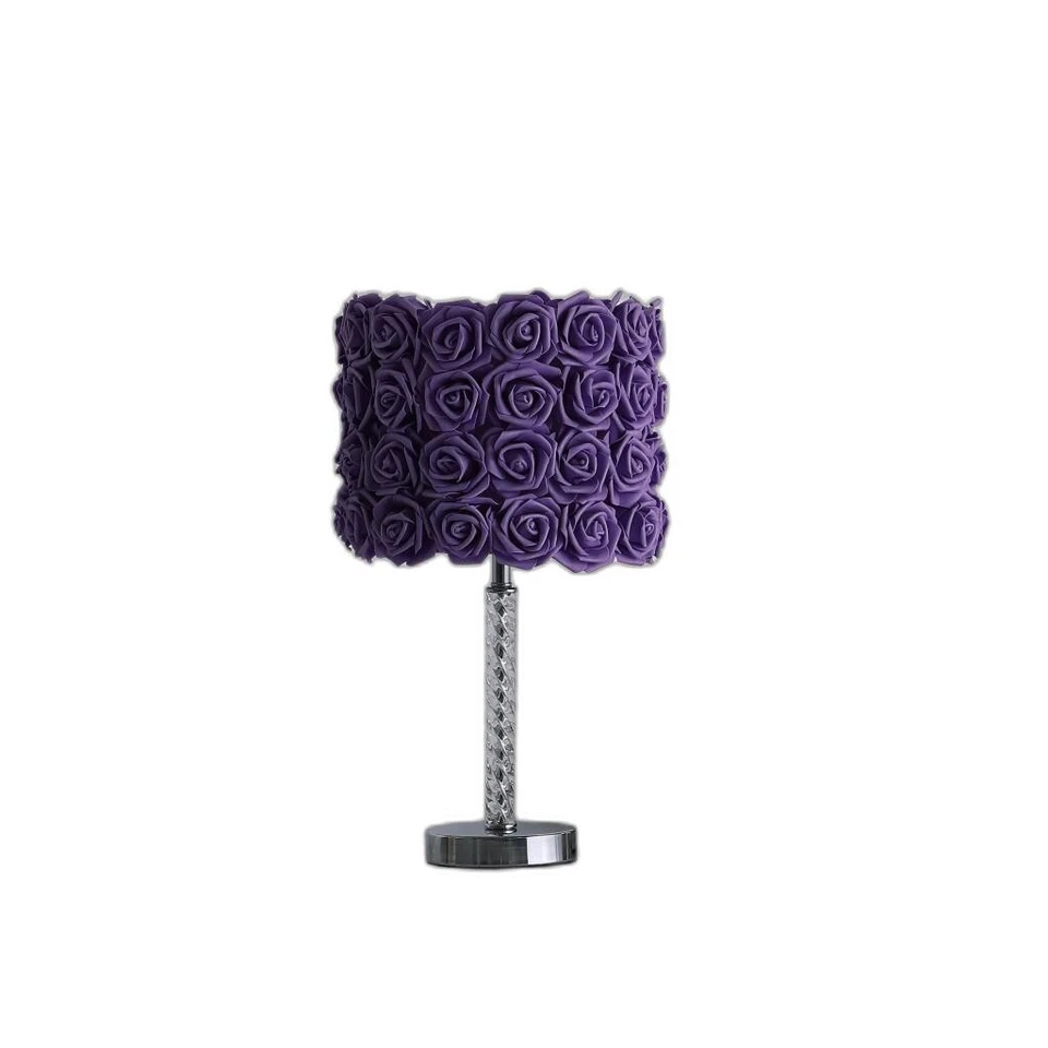 18" Silver Bedside Table Lamp With Purple Flowers Drum Shade - Image 3 of 4