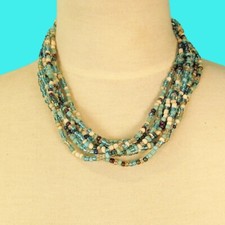 16" Multi Strand Blue Multi Color Handmade Seed Bead Statement Necklace