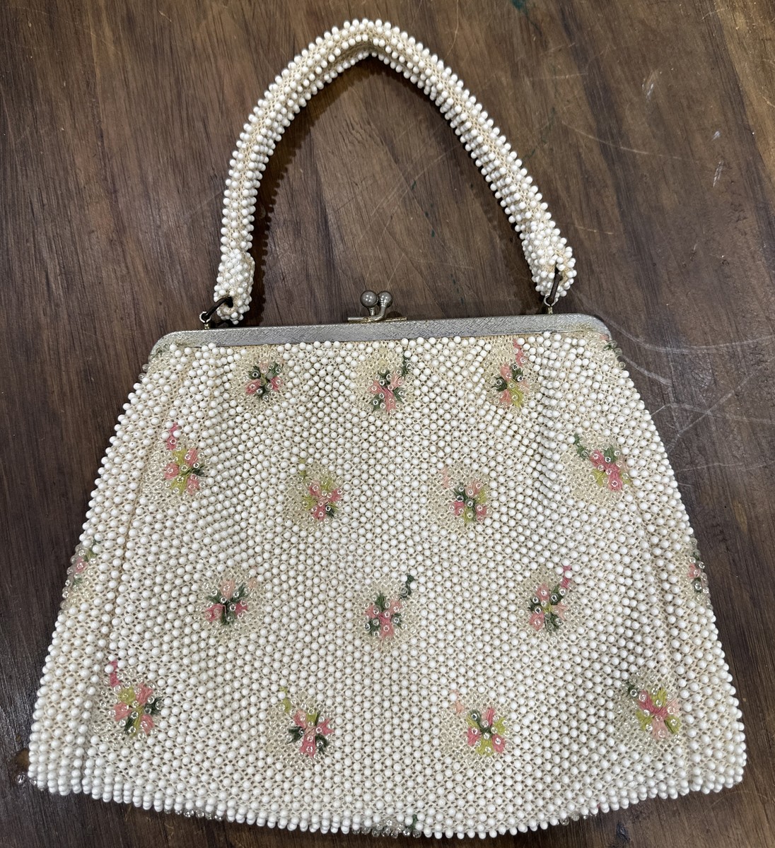 Vintage Beaded Purse Lumured Corde Bead Purse Pink Flowers Unique Beautiful
