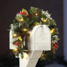 LIGHTED MAILBOX SWAG Garland Holly Christmas Holiday Outdoor Home Decor w/ TIMER