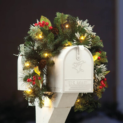 LIGHTED MAILBOX SWAG Garland Holly Christmas Holiday Outdoor Home Decor w/ TIMER