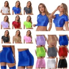 Women's Glossy Short Sleeve T-Shirt Crop Tops with Bodycon Mini Skirts Nightclub
