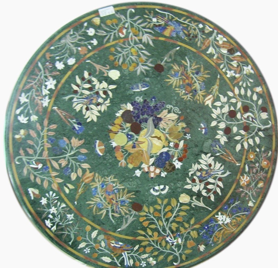 36-inch green marble table top with semi-precious stone inlay, handmade patio decor