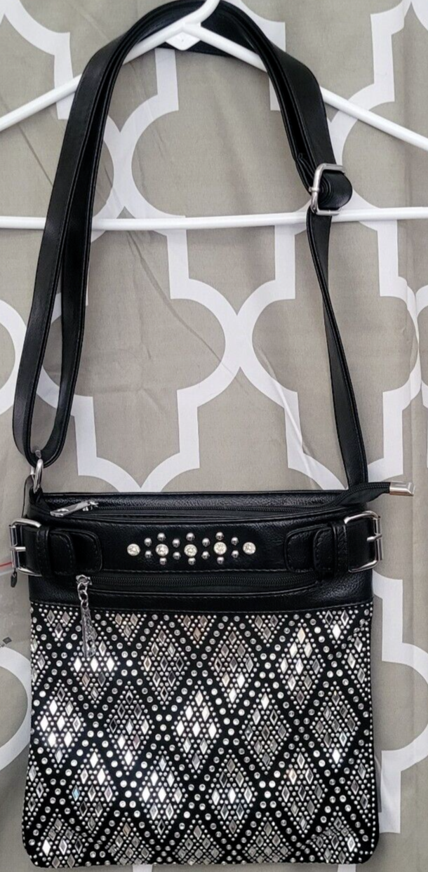Faux Leather Black Studded Rhinestone Crossbody Handbag Purse-image