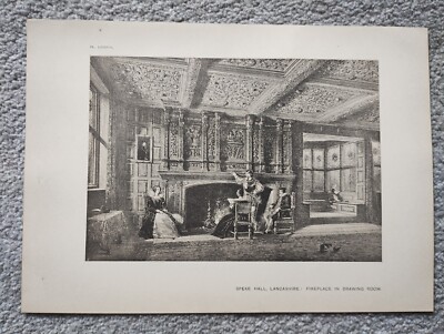 Speke Hall, Lancashire - Kamin im Salon - antiker Druck - 1906