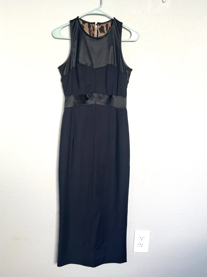 Vestido Vaina Dolce & Gabbana Negro 42 Midi Sin Mangas Panel Satinado Forro Leopardo Foto 2 de 4