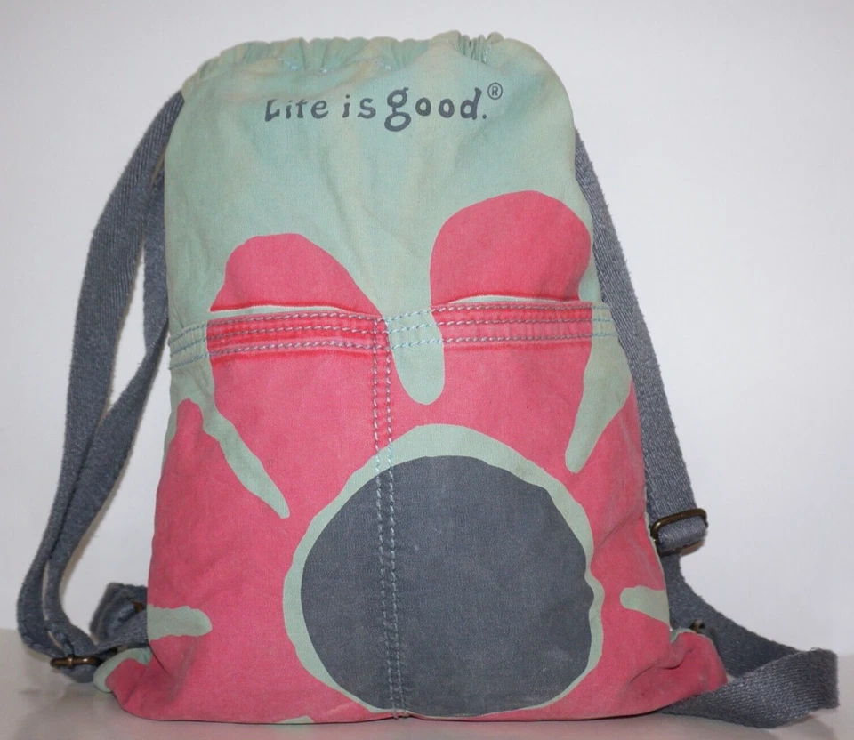 LIFE IS GOOD Aqua-Green & Pink Distressed Cotton Drawstring Backpack *WEAR - Image 2 of 4