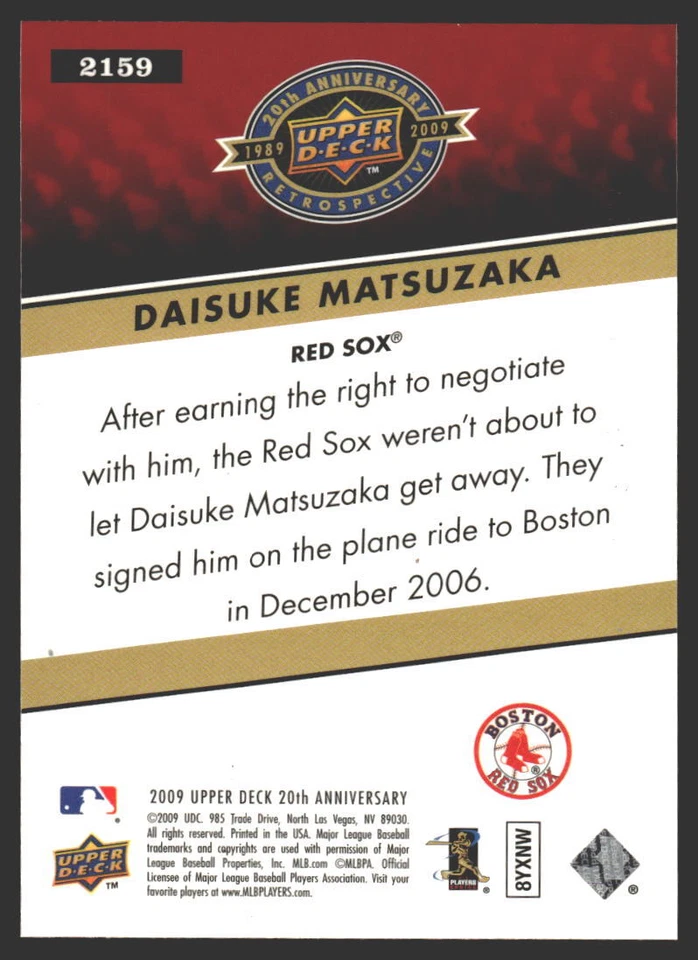 Daisuke Matsuzaka #2160 2009 Upper Deck 20th Anniversary Boston Red Sox - Image 2 of 2