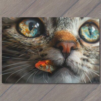 Art Print Cat With Goldfish Eat Fish Funny Bad Kitty Unusual Strange Weird Fun