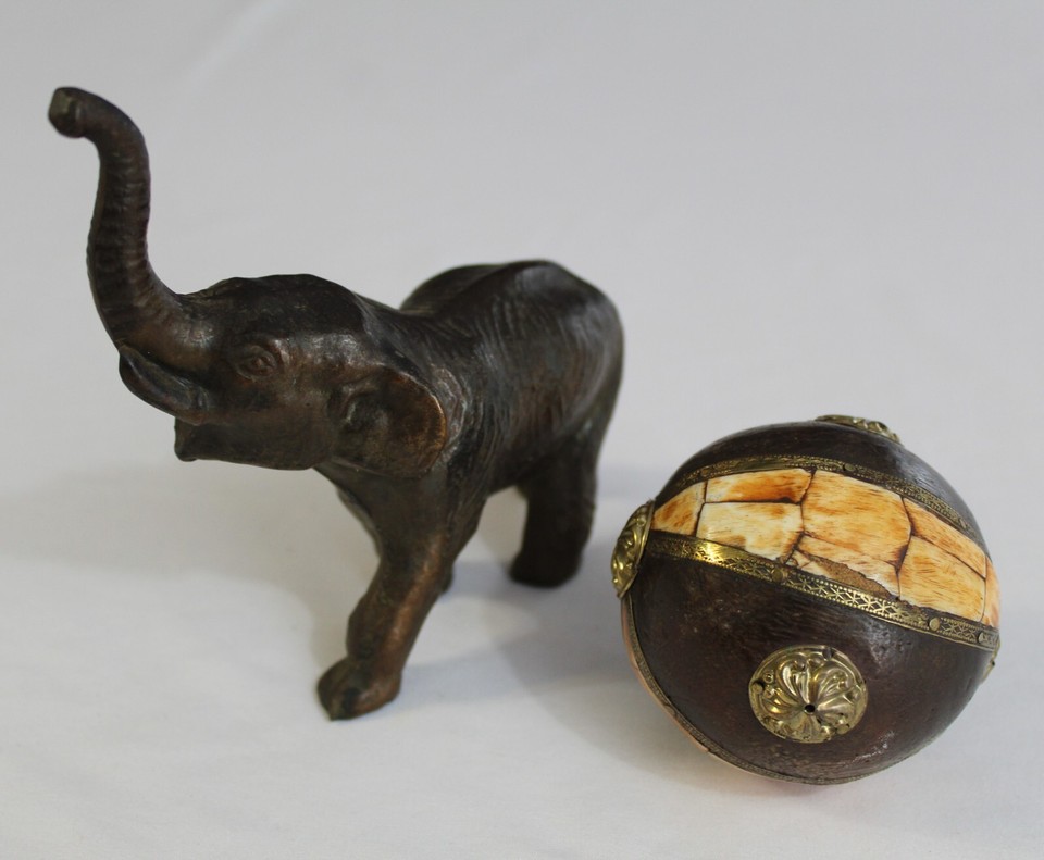 Vintage Bronze Trunk Up Elephant Sculpture Lucky Mahogany Brass Bone