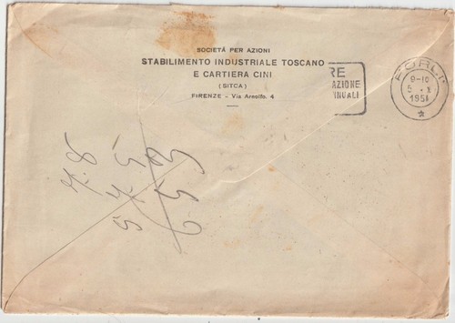ITALIA 1951 AFFRANCATURA ROSSA SITCA STABILIMENTO INDUSTRIALE TOSCANO E CARTIERA - Foto 2 di 2