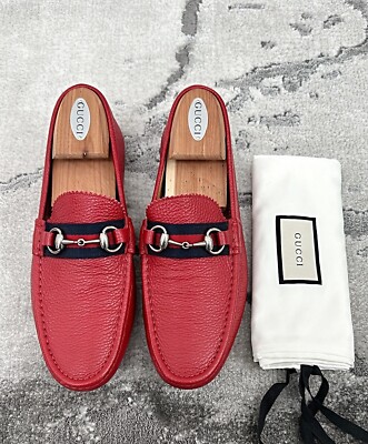 Authentic Gucci Web Silver Horsebit Red Leather Mens Loafer