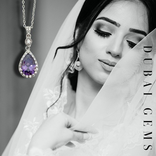 White gold finish purple amethyst created diamond pear cut earring and necklace - Picture 2 of 4