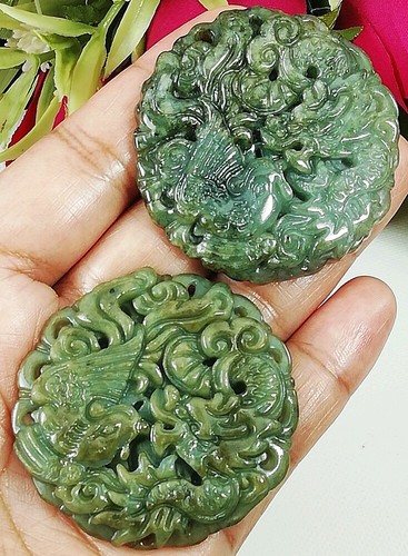 Colgante de jadeíta birmana hecho a mano dragón y fénix miel verde gemas naturales - Imagen 3 de 10