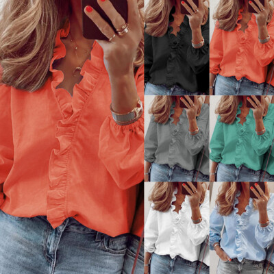 Plus Size Women V Neck Long Sleeve Shirt Ladies Casual Ruffle Frill Tops Blouses