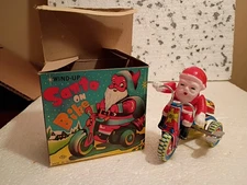Mechanical Santa on Bike Tricycle Wind-Up Toy Tin Litho w/ Box TAIWAN Christmas