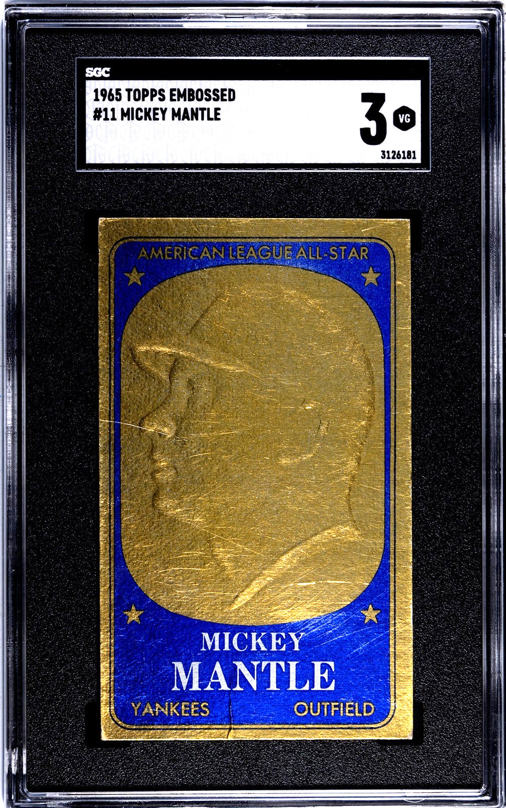 Mickey Mantle #11 Baseball Cards 1965 Topps Embossed trading card — raw and PSA graded price guide