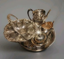 Queen Anne-style 4 Piece Coffee/Tea Set-- Additional Fruit Basket, Silver Plated