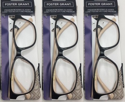Foster Grant Kinsey Black & Gold Reading Glasses + 2.00, NEW PACK OF 3 
