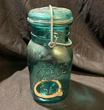 Vintage 1976 Ball Ideal Bicentennial Blue Glass Mason Jar Wire Bail Eagle