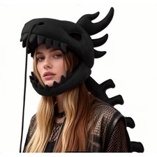 Gothic Dragon Skull Hood - Long Spine Tail 45.67in Black Cosplay Plush Headpiece