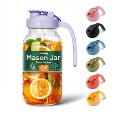 64 oz Mason Jar Pitcher,Glass Pitcher with Wide Mouth,Water Jug with Double L...