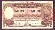Australia R-10.  (1934) Riddle/Sheehan - 10 Shillings.. Red Overprint..  Fine