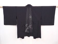 6004T07z290 Vintage Japanese Kimono Silk See through HAORI Plants Black