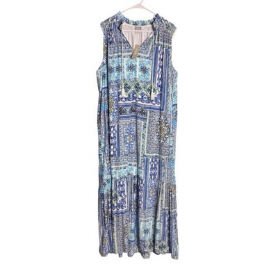 NWT Chico s Tile Print Maxi Dress Blue White Boho Sleeveless Tassel Neck XL