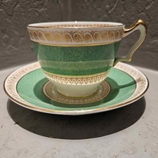 Cup and Saucer Crown Staffordshire with Green Band and Gold Bone China