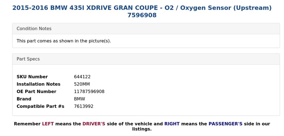 BMW 435I XDRIVE 2015-2016 gran cupé - sensor de oxígeno/o2 (aguas arriba) 7596908 Foto 4 de 4