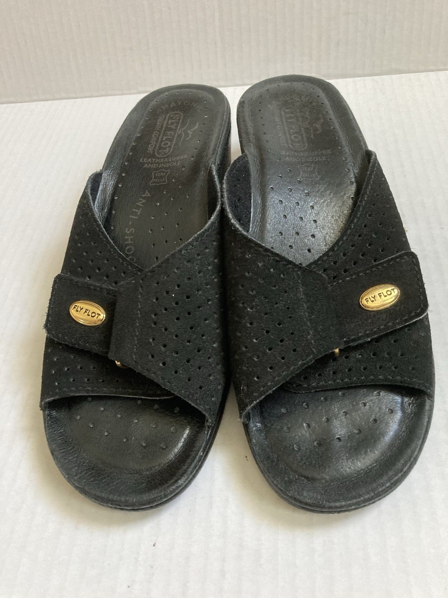 Fly Flot Black Leather Slides Size 38