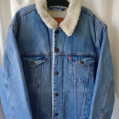Men's Levis Denim Trucker Jacket, Sherpa Lined Winter Jkt Blue, Snap Closure - S