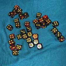 Dice D6 Set Of 36 Swirled Dice 12mm Red And Black W/Yellow Pips 40K D&D 