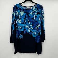 Susan Graver Blue Floral Print 3/4 Sleeve Top XL Women's