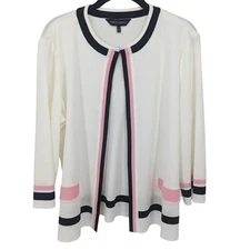 MING WANG Cardigan Women Large White Black Pink Open Front Mature Sweater Office