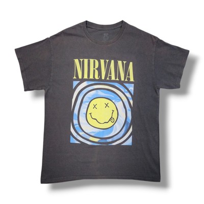 Nirvana Dazed Smiley Face Grunge Rock Crew Neck Gray T-Shirt Size M