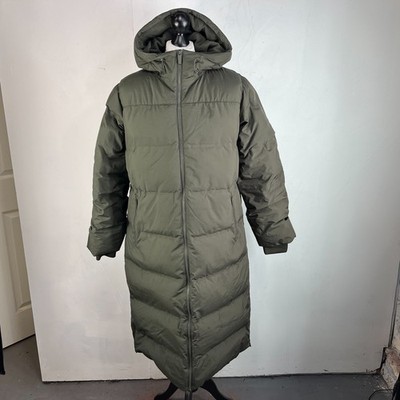Sweaty Betty Nimbus Mid wasserdichter Daunen gefütterter Mantel Kapuze Large/14 olivgrün