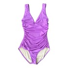 Purple V-neck J.Crew swimsuit with ruched front and scoop neckline, made in USA, size 6LT.
