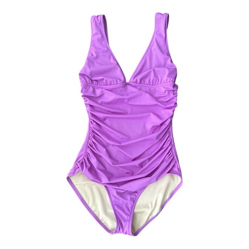Purple V-neck J.Crew swimsuit with ruched front and scoop neckline, made in USA, size 6LT.