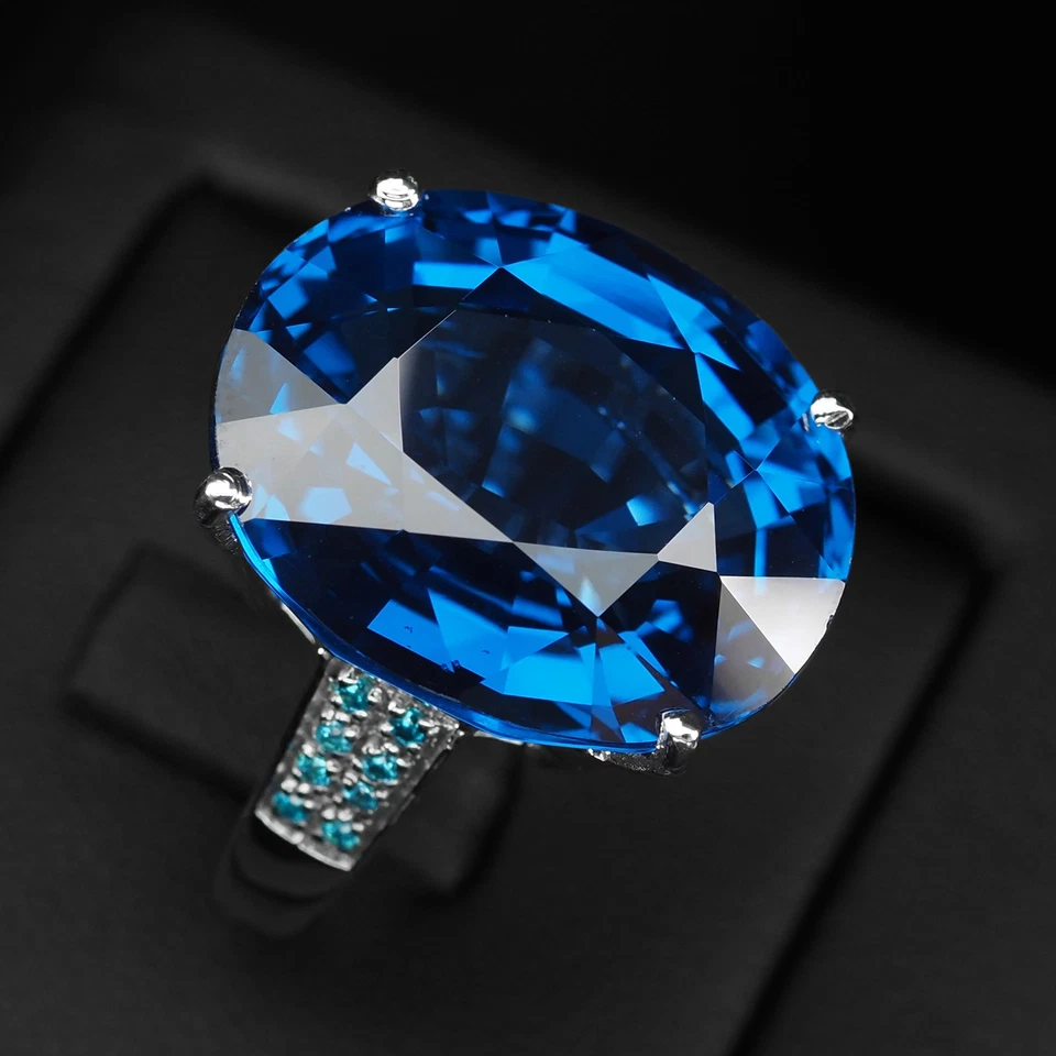 Sparkling Intense Blue Topaz 27.30Ct 925 Sterling Silver White Gold Plated Rings - Image 3 of 4